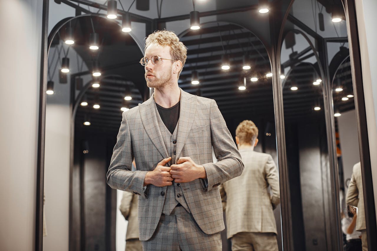 Mastering the First Impression: Your intriguing post title goes here Elegant young man adjusts his suit in a well-lit dressing room. Fashion and style concept.