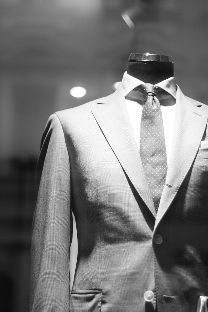 services-03 Through glass elegant formal gray suit presented on mannequin in modern mans clothing store